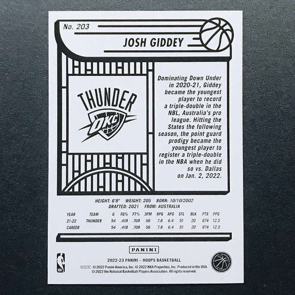 Josh Giddey - 2022-23 Hoops #203 - Picture 2 of 2